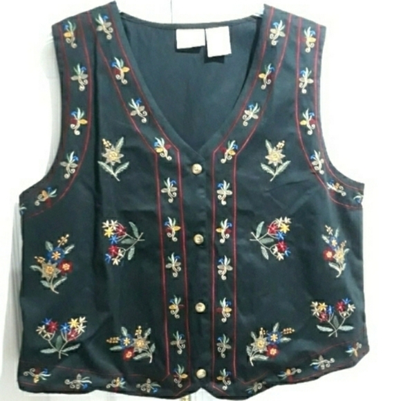 Bobbie Brooks Floral Embroidered Black  Top Button Down 100% Cotton Size Large - Picture 2 of 10